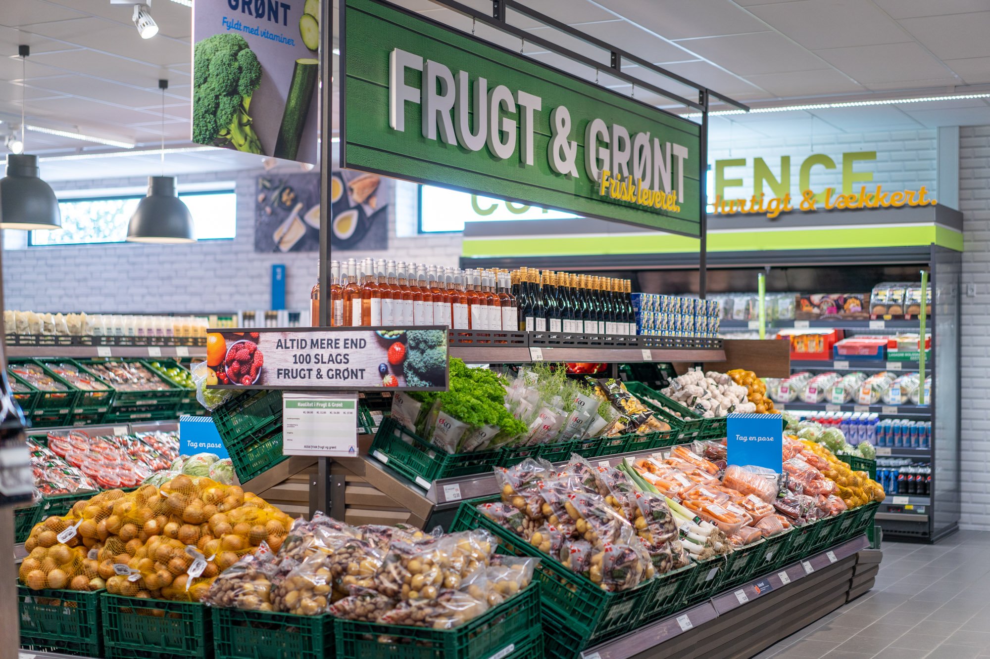 An interior shot an an ALDI Denmark store's fruit and vegetables section