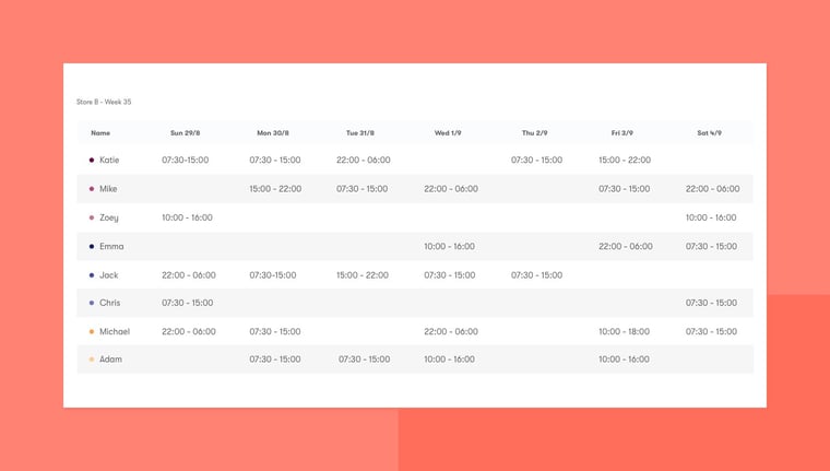 Screenshot of a weekly schedule in tamigo