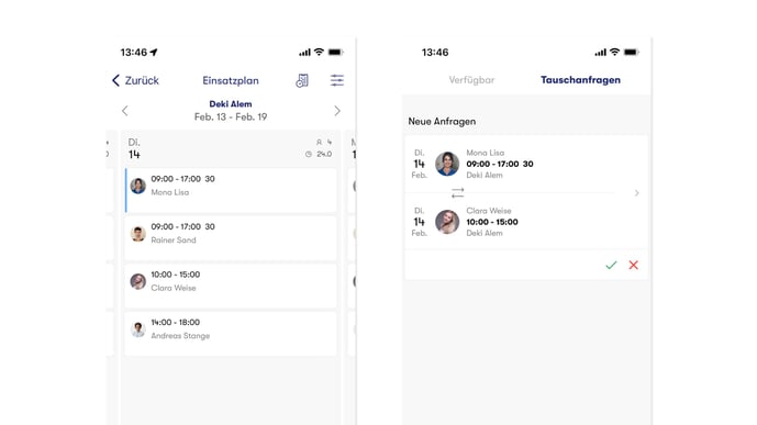 2 Screenshots zeigen täglichen Zeitplan und Monatskalender in der tamigo App. Mitarbeiterbindung für effiziente Planung. Jetzt entdecken!