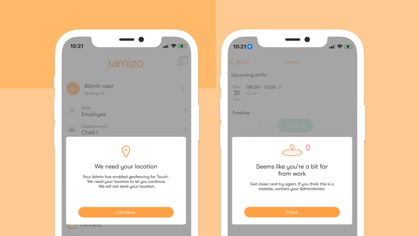 Screenshots of geofencing check-in messages in the tamigo employee app