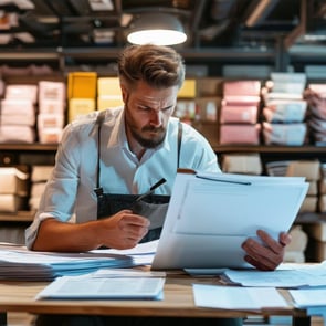 furstrating retail manager with a lot of paperwork trying to schedule his employees