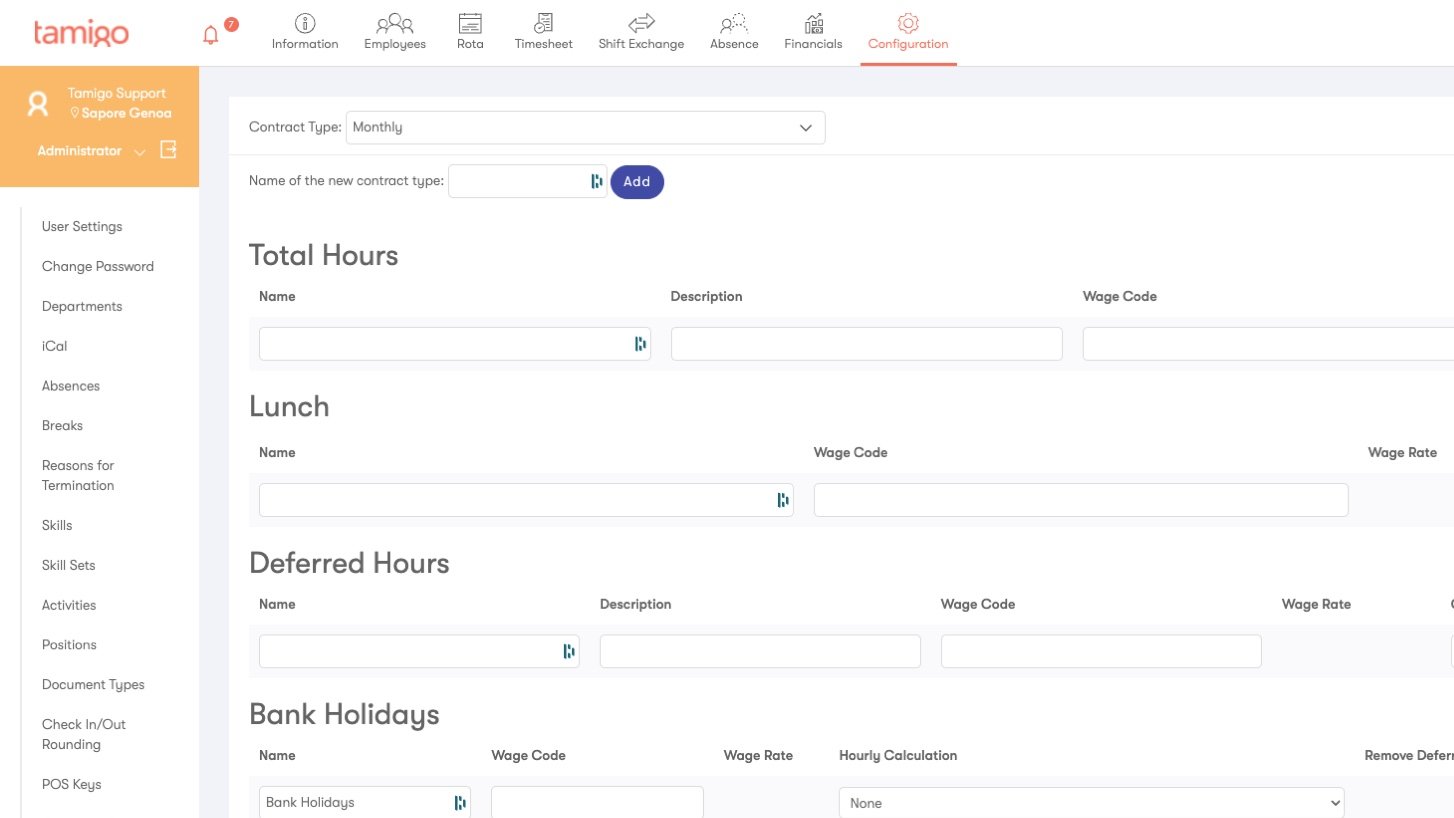 Screenshot of contract types configurations within tamigo restaurant management software