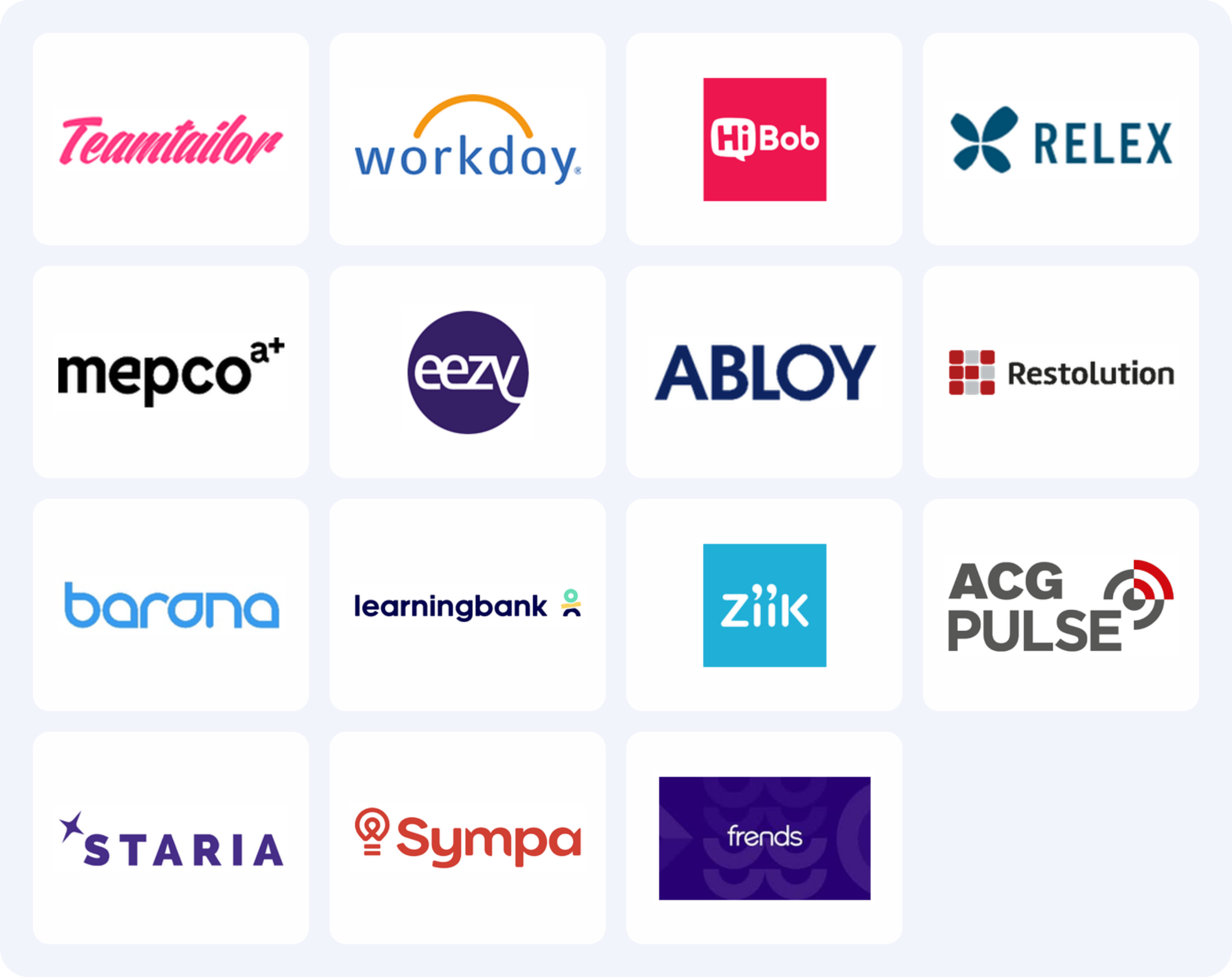 Lista tamigon integraatiokumppaneista Suomessa. mm. Teamtailor, Workday, HiBob, Relex, Mepco, Eezy, Abloy, Restolution, Barona, Learningbank, Ziik, ACG Pulse, Staria, Sympa, Frends
